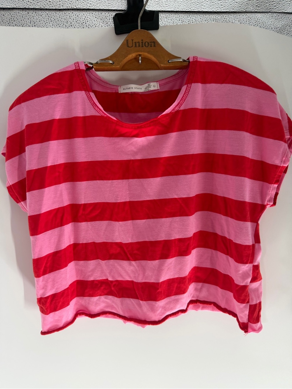 Altar'd State Hot Pink and Red Striped Cropped Tee